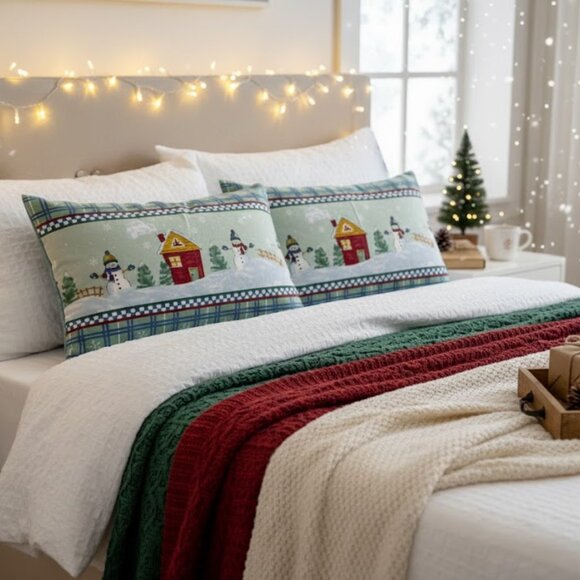 Vintage Lot 2 Christmas Snowman Checkered Pillowcases Holiday Bedding Decor - Picture 1 of 7